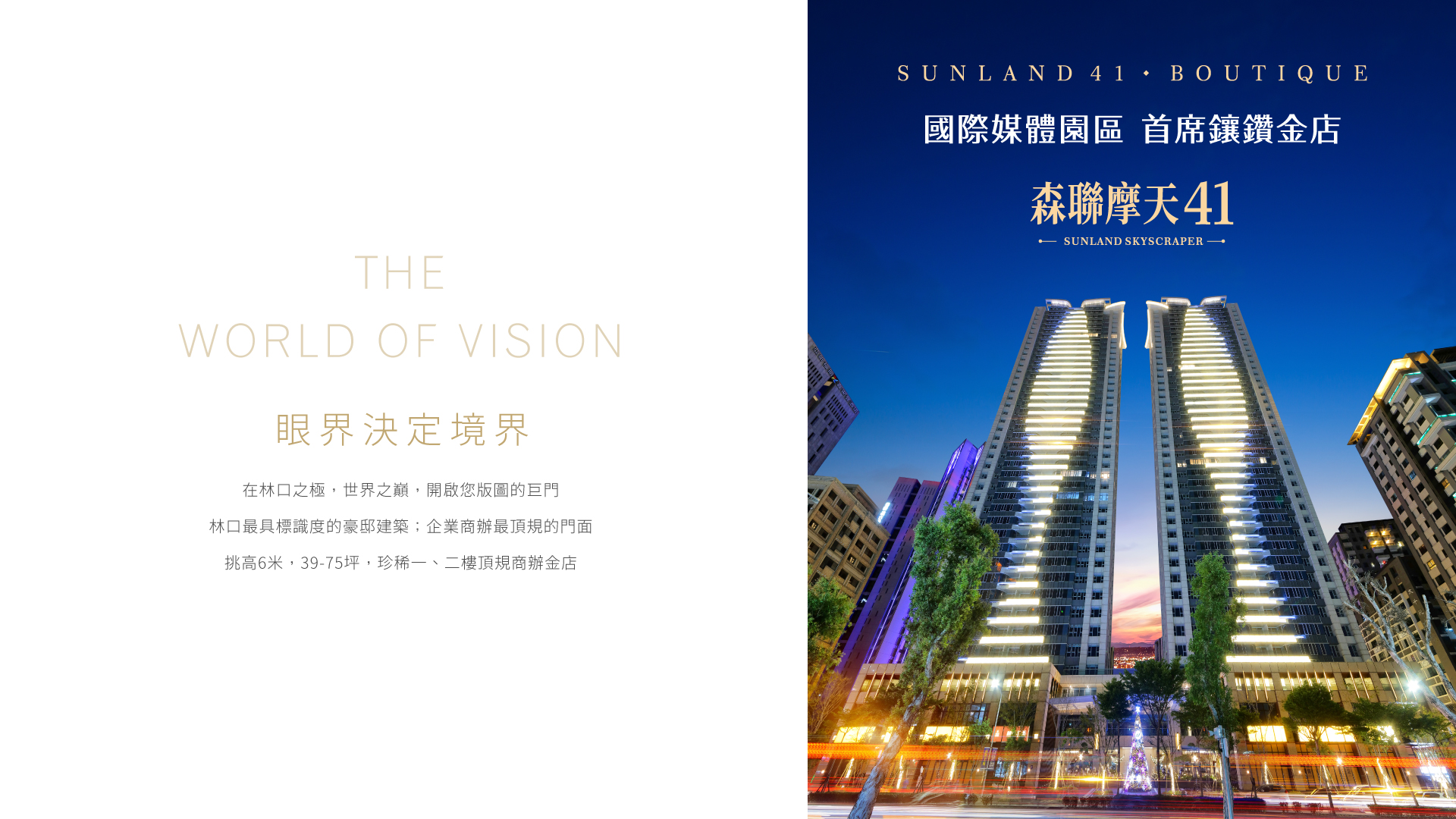 眼界決定境界|在林口之極,世界之巔,開啟您版圖的巨門,林口最具標識度的豪邸建築;企業商辦最頂規的門面,挑高6米,39-75坪,珍稀一、二樓頂規商辦金店
